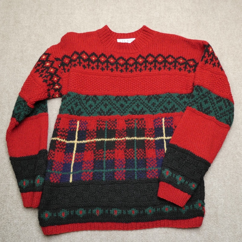VINTAGE Michelle Stuart Studio‎ Shetland Wool Sweater Hand Knit Size L Patchwork